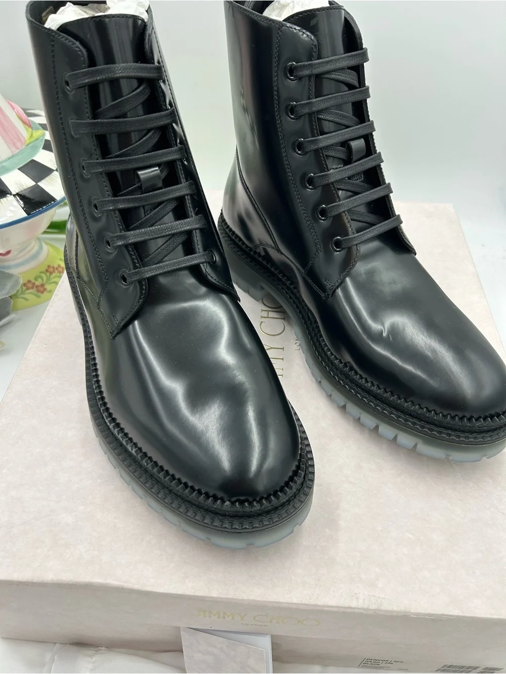 Men's Jimmy Choo Denvor Black Leather Lace-Up Combat Boots size 42.5 /9 US